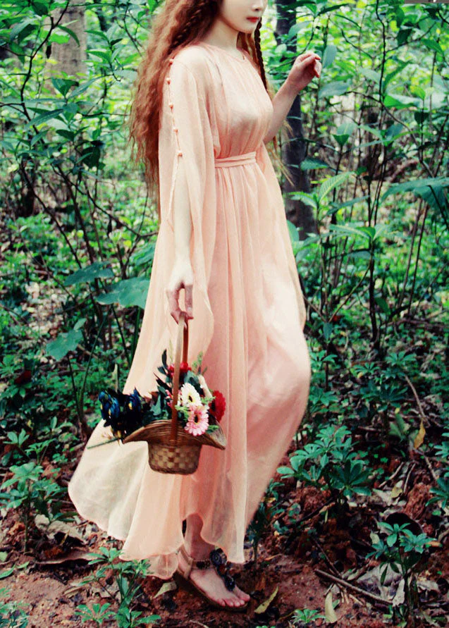 Boutique Orange Pink O-Neck Tie Waist Exra Large Hem Silk Robe Dresses Batwing Sleeve - Image 3
