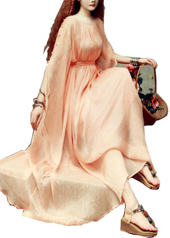 Boutique Orange Pink O-Neck Tie Waist Exra Large Hem Silk Robe Dresses Batwing Sleeve - Image 5