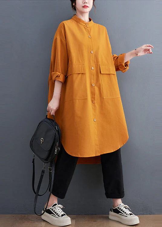 Boutique Orange Stand Collar Pockets Cotton Maxi Dress Fall - Image 2