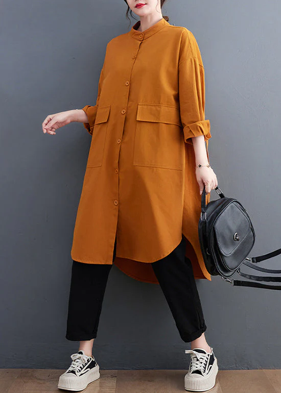 Boutique Orange Stand Collar Pockets Cotton Maxi Dress Fall - Image 4