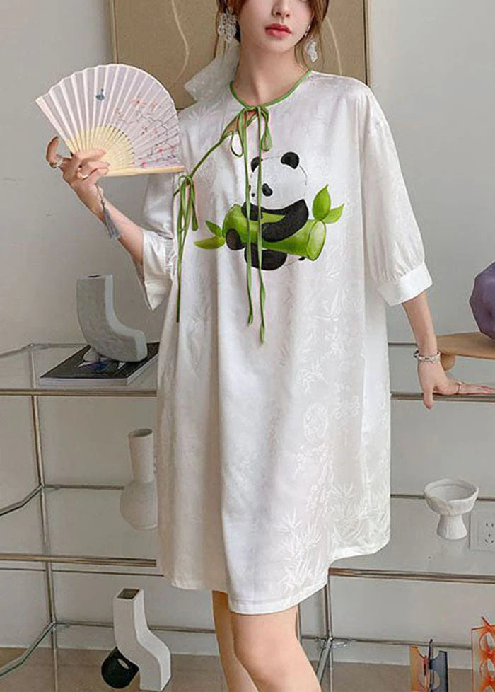 Boutique Oversized Print Lace Up Ice Silk Mid Dresses Half Sleeve - Image 3