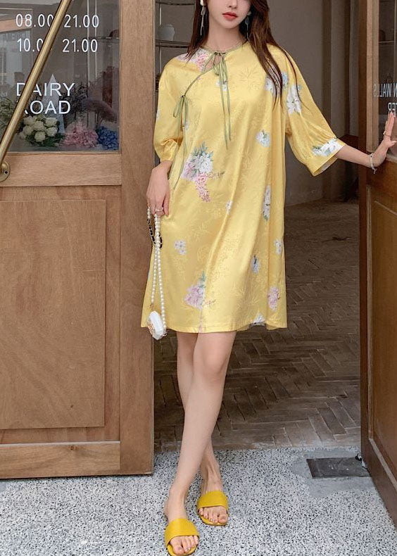 Boutique Oversized Print Lace Up Ice Silk Mid Dresses Half Sleeve - Image 4