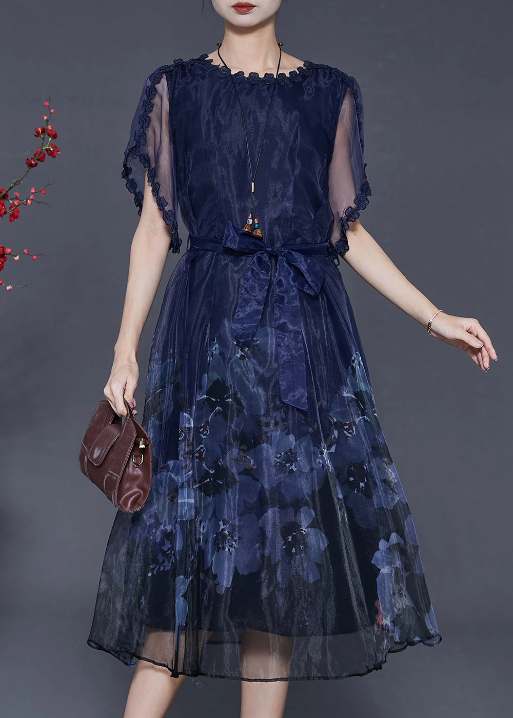Boutique Peacock Blue Print Hollow Out Silk Dresses Summer - Image 2