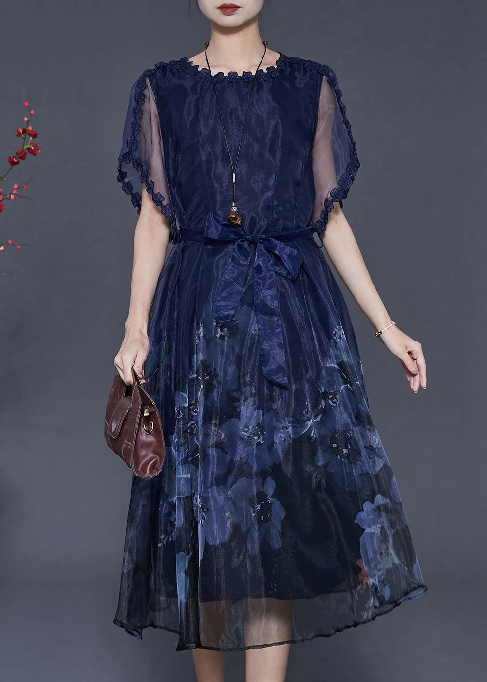 Boutique Peacock Blue Print Hollow Out Silk Dresses Summer - Image 3