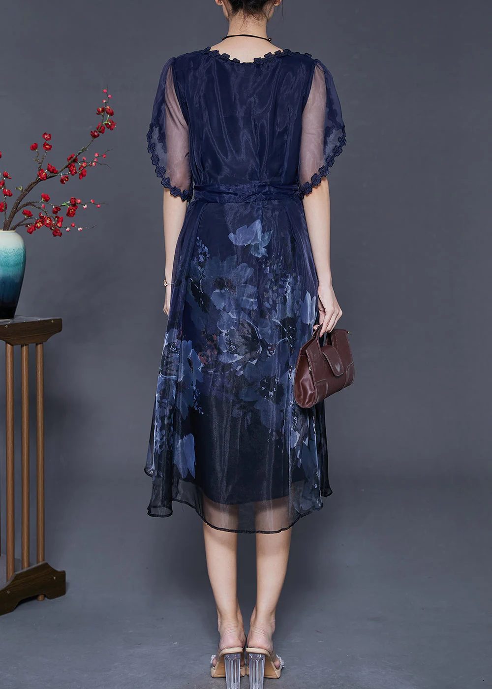 Boutique Peacock Blue Print Hollow Out Silk Dresses Summer - Image 4