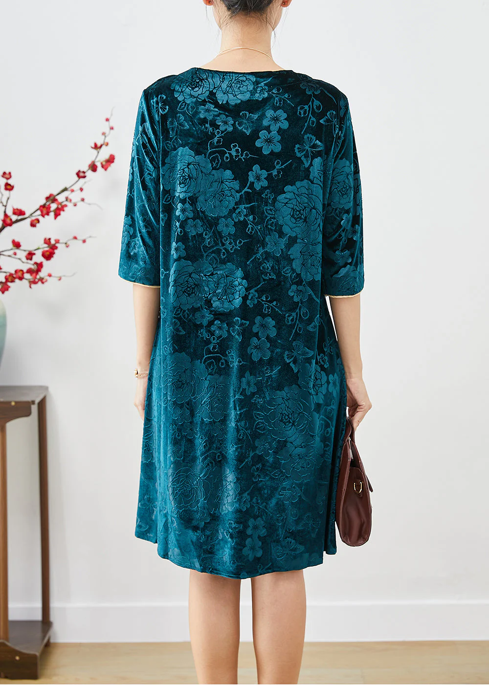 Boutique Peacock Green Jacquard Silk Velour Mid Dress Half Sleeve - Image 3