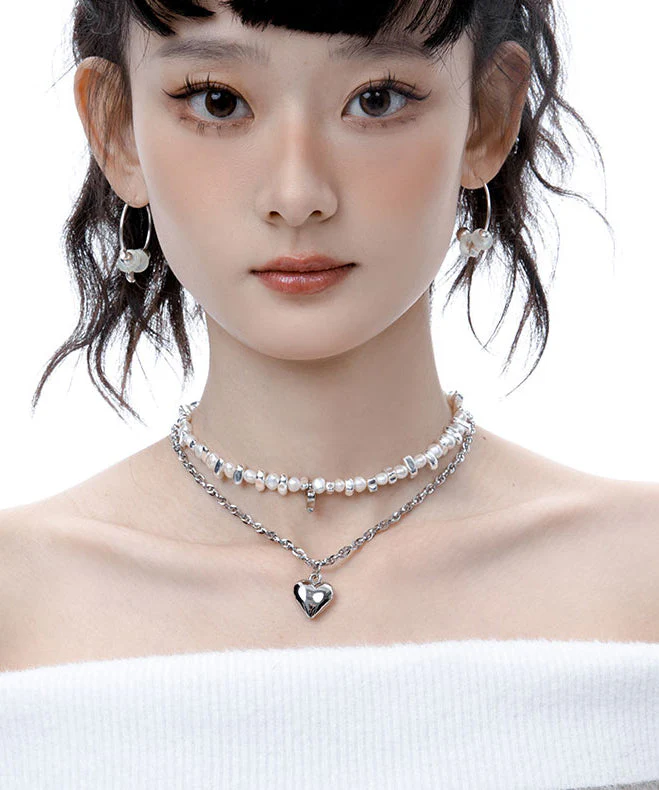 Boutique Pearl Love Heart Pendant Two Piece Set Alloy Necklace - Image 2