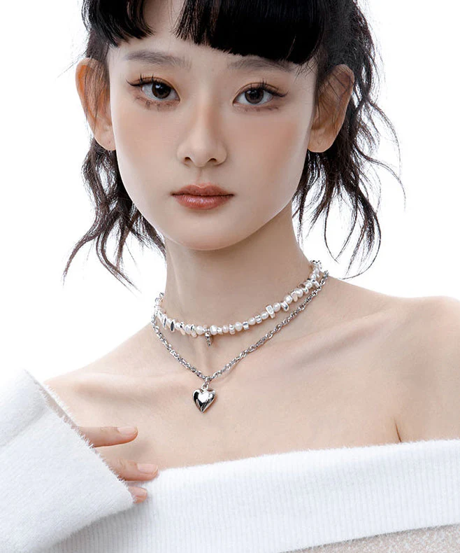 Boutique Pearl Love Heart Pendant Two Piece Set Alloy Necklace - Image 4