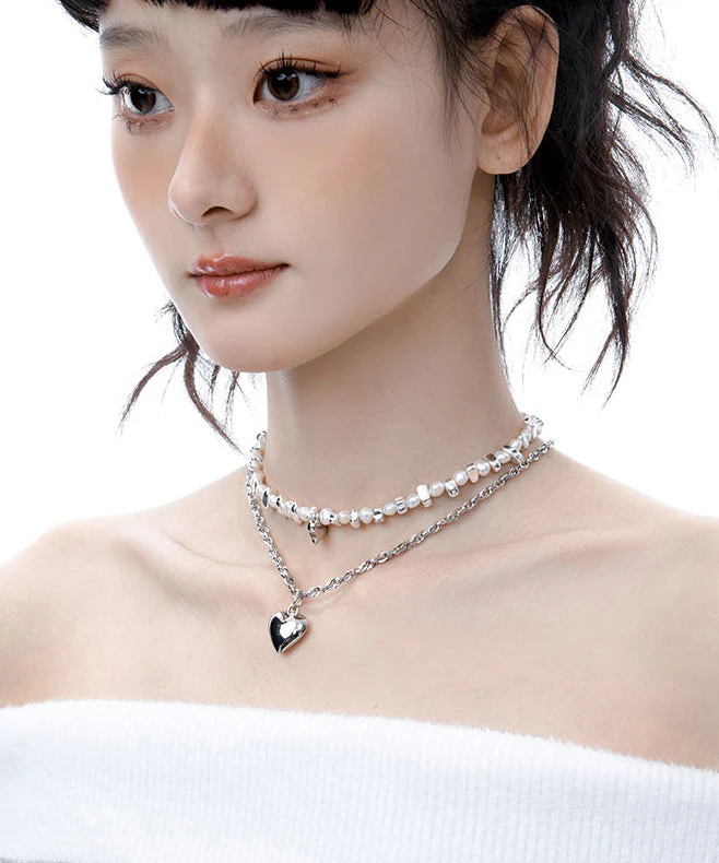Boutique Pearl Love Heart Pendant Two Piece Set Alloy Necklace - Image 5
