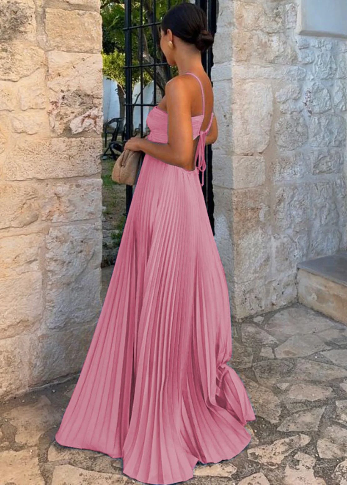 Boutique Pink Backless Exra Large Hem Cotton Pleated Vestidos Dress Summer - Image 3