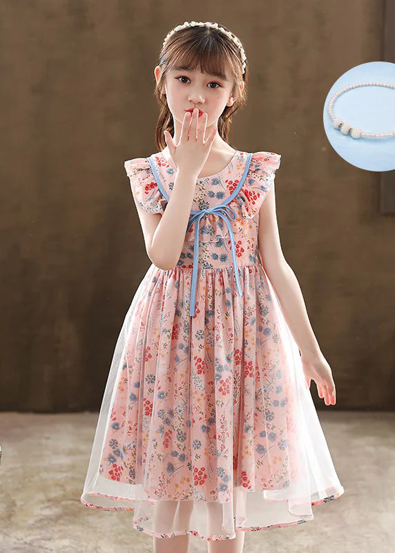 Boutique Pink Cinched Print Tulle Kids Girls Robe Dresses Summer - Image 2