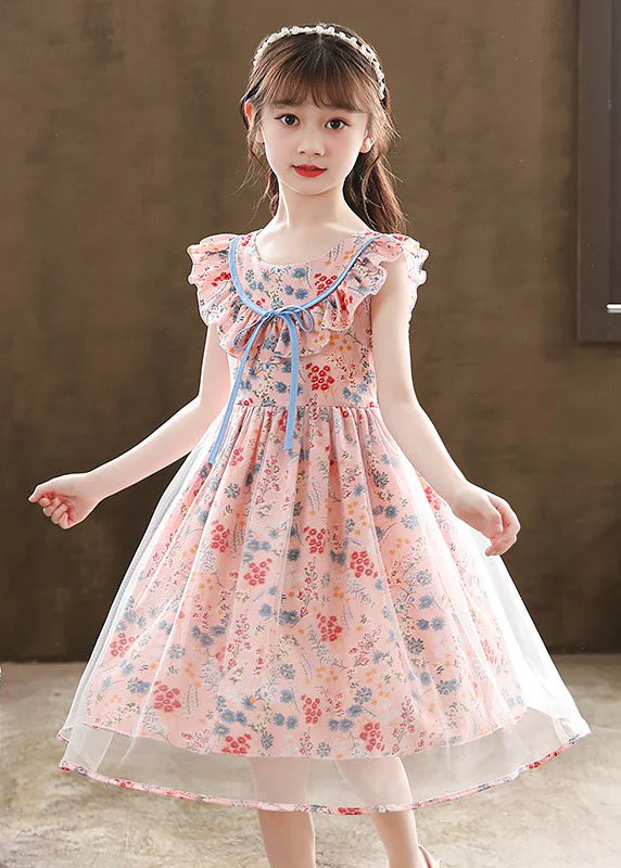 Boutique Pink Cinched Print Tulle Kids Girls Robe Dresses Summer - Image 3