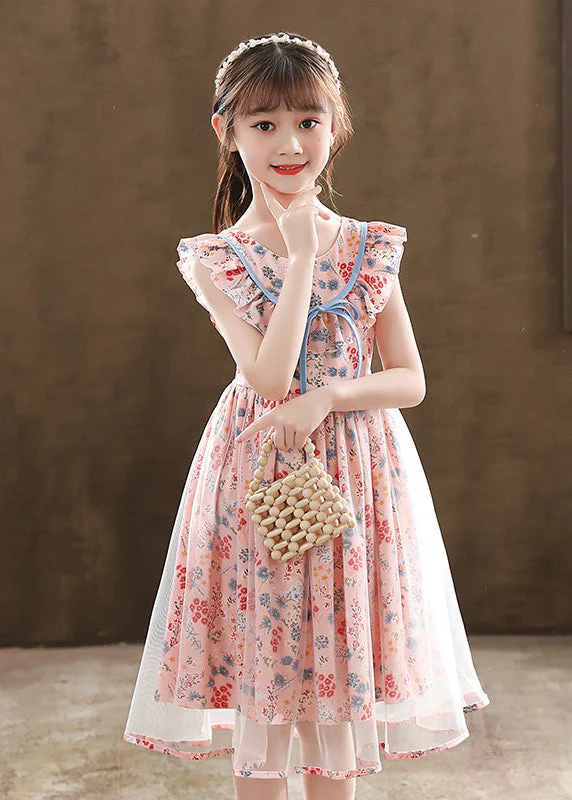 Boutique Pink Cinched Print Tulle Kids Girls Robe Dresses Summer - Image 4