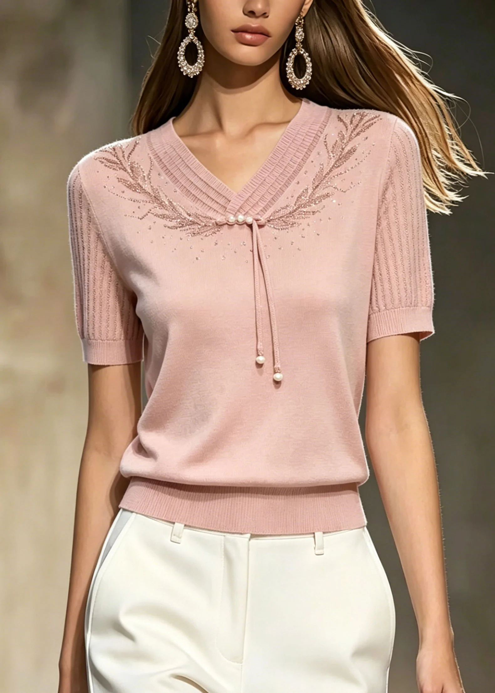 Boutique Pink Embroidered Zircon Thin Knit T Shirt Top Summer - Image 3