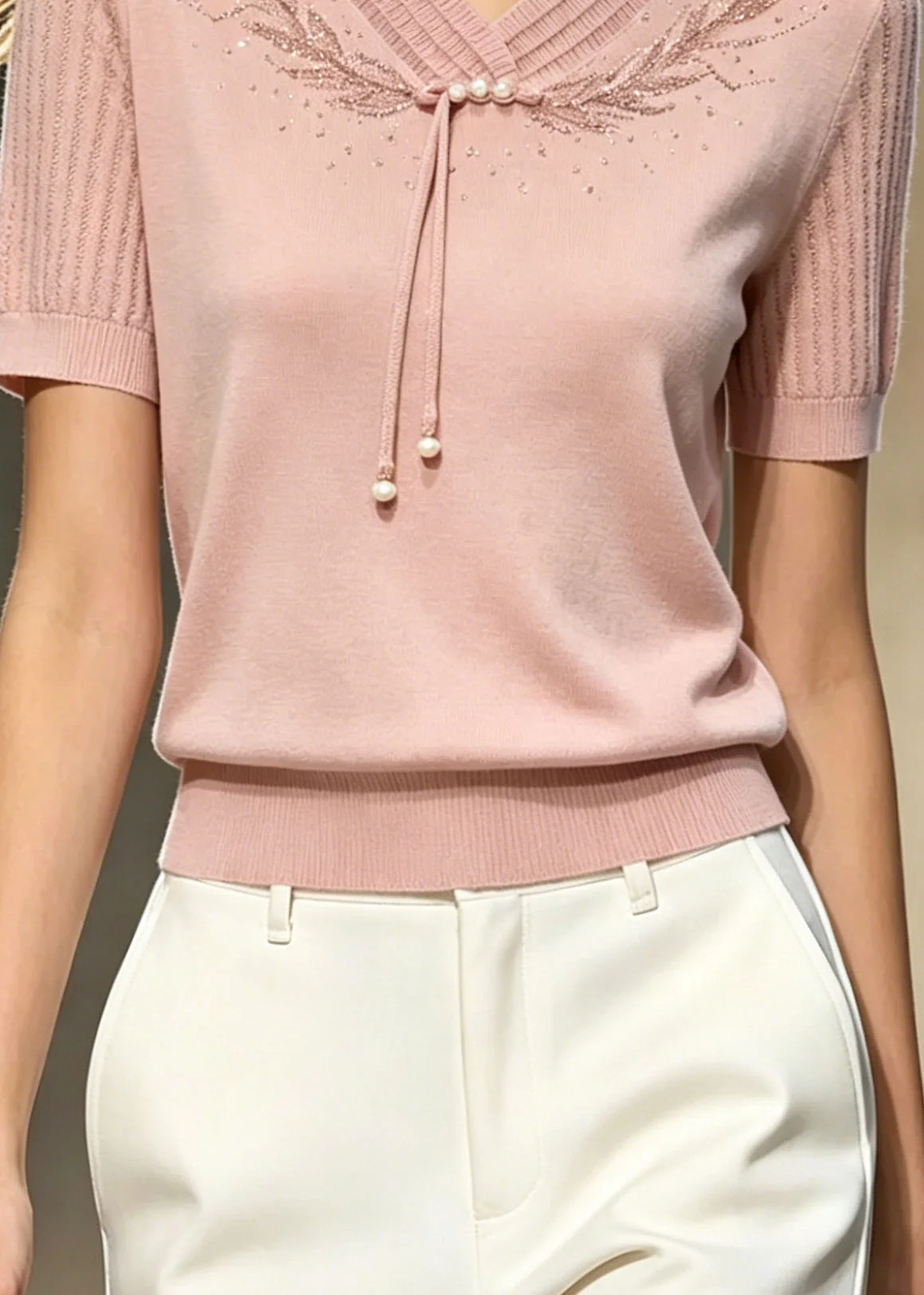 Boutique Pink Embroidered Zircon Thin Knit T Shirt Top Summer - Image 4