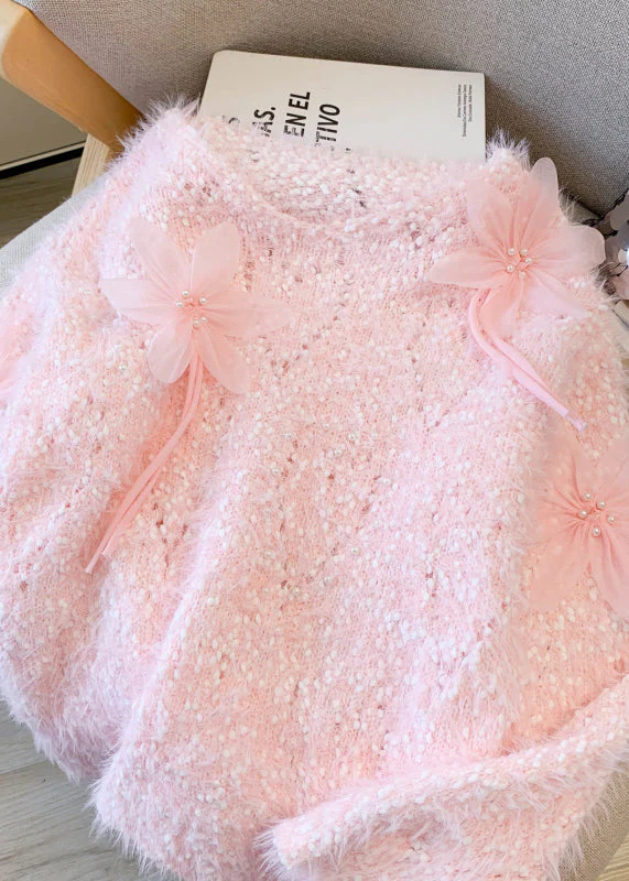 Boutique Pink Floral Faux Mink Hair Knitted Cozy Sweater Winter - Image 2