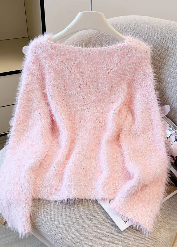Boutique Pink Floral Faux Mink Hair Knitted Cozy Sweater Winter - Image 3