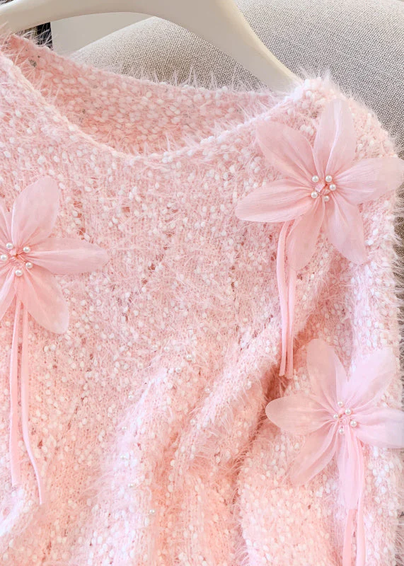 Boutique Pink Floral Faux Mink Hair Knitted Cozy Sweater Winter - Image 4