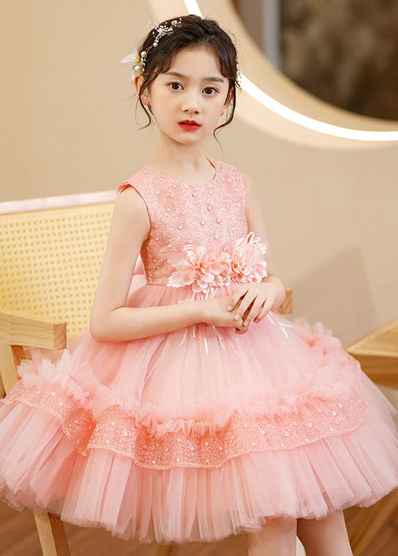 Boutique Pink Floral Nail Bead Tulle Baby Girls Maxi Dress Summer - Image 3