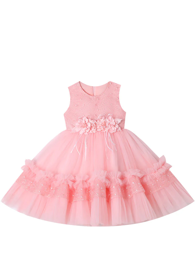 Boutique Pink Floral Nail Bead Tulle Baby Girls Maxi Dress Summer - Image 5