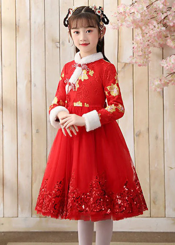 Boutique Pink Fur Collar Tulle Patchwork Warm Fleece Girls Maxi Dresses Winter - Image 2