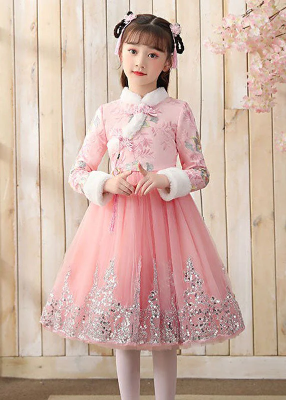 Boutique Pink Fur Collar Tulle Patchwork Warm Fleece Girls Maxi Dresses Winter - Image 3