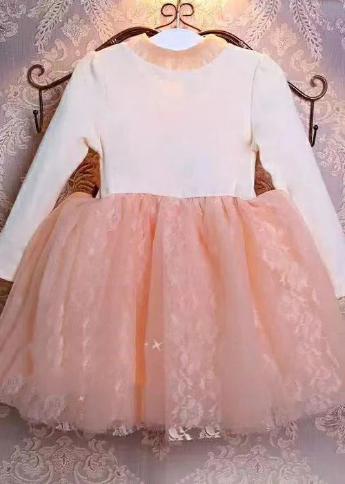 Boutique Pink O-Neck Ruffled Patchwork Tulle Kids Maxi Dresses Fall - Image 4