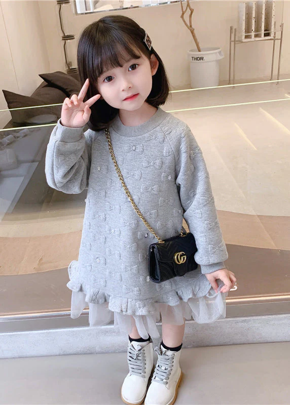 Boutique Pink O Neck Ruffled Tulle Patchwork Cotton Baby Girls Dress Fall - Image 2