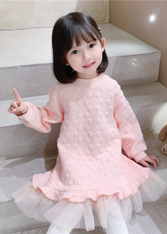 Boutique Pink O Neck Ruffled Tulle Patchwork Cotton Baby Girls Dress Fall - Image 3