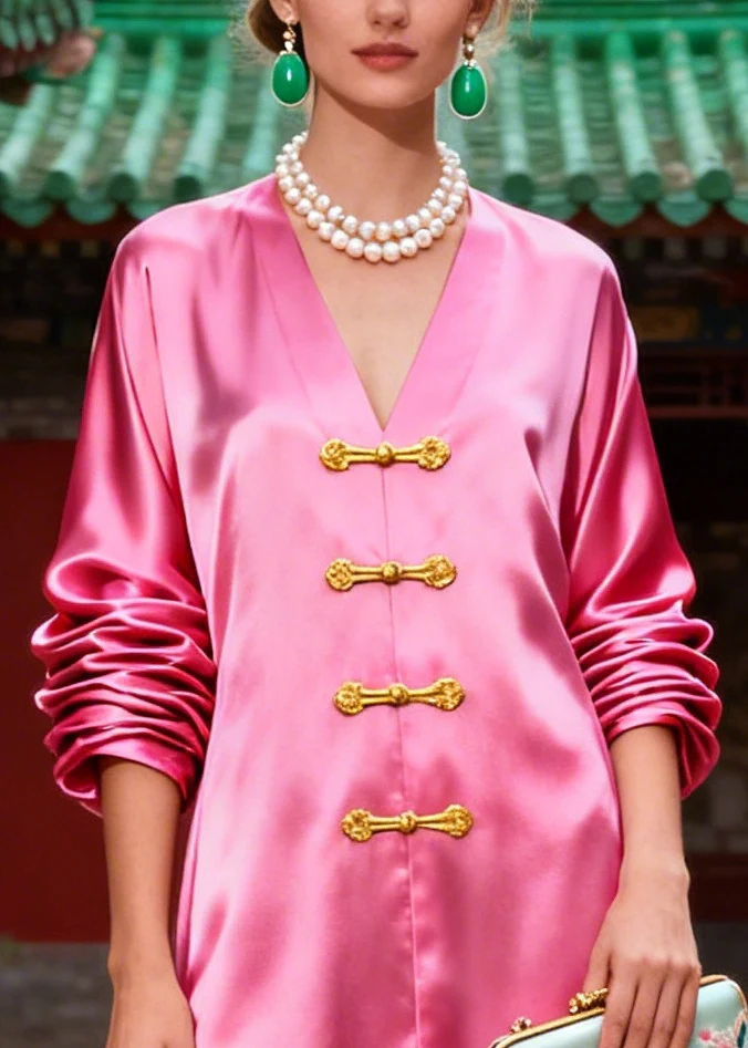 Boutique Pink Oversized Chinese Button Silk Fake Two Piece Dress - Image 2