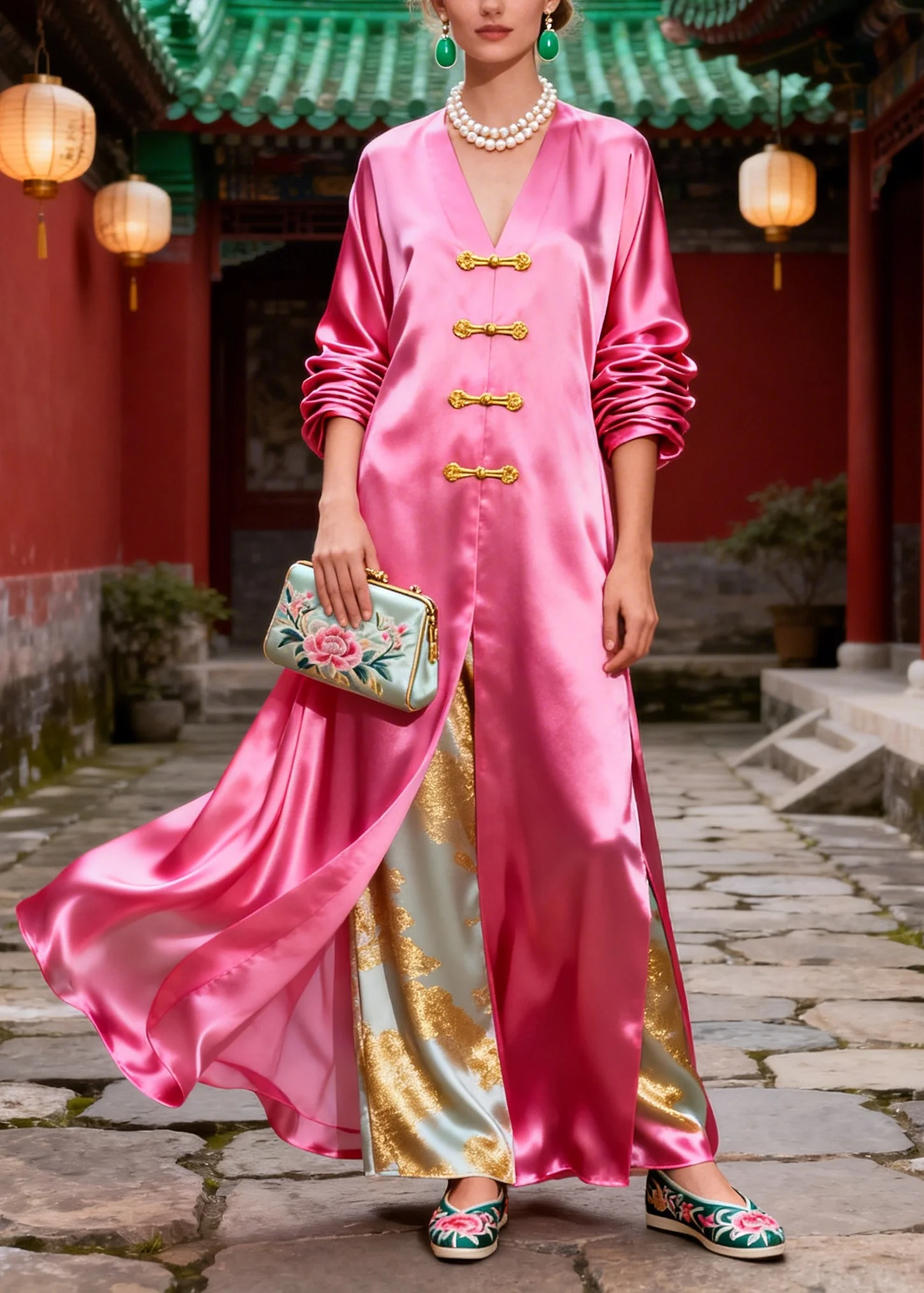 Boutique Pink Oversized Chinese Button Silk Fake Two Piece Dress - Image 3
