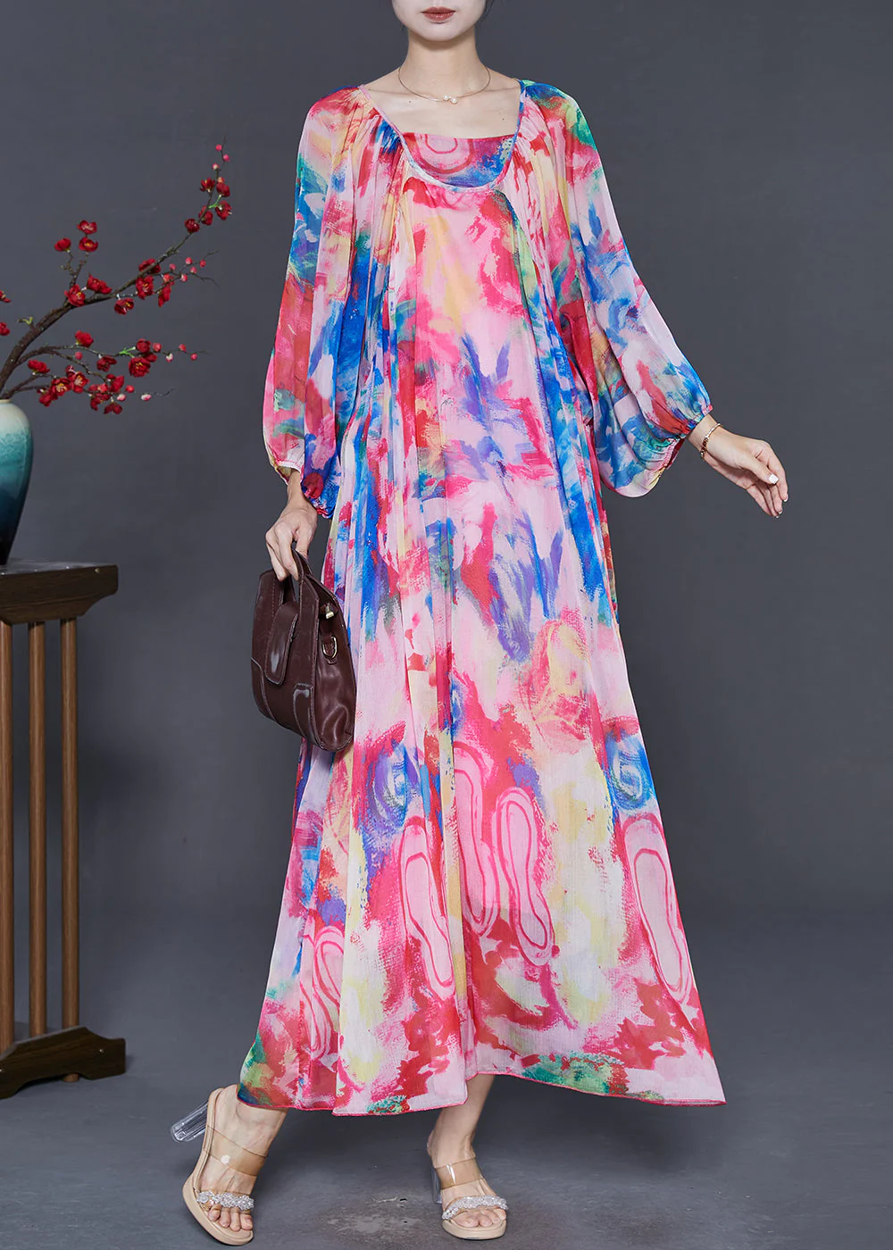 Boutique Pink Oversized Print Chiffon Beach Dresses Spring - Image 3