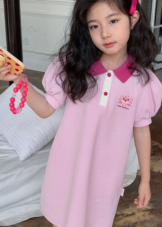 Boutique Pink Peter Pan Collar Patchwork Cotton Kids Girls Dresses Summer - Image 5