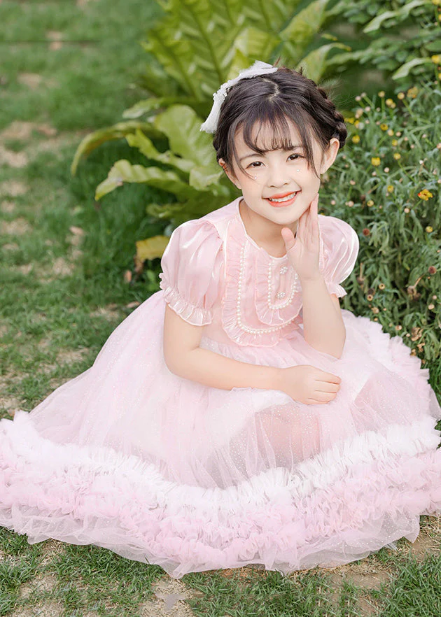 Boutique Pink Puff Sleeve Nail Bead Tulle Baby Girls Mid Dress Summer - Image 2