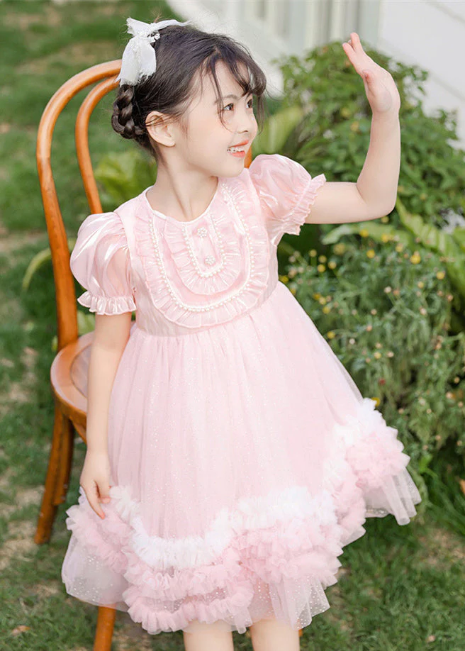Boutique Pink Puff Sleeve Nail Bead Tulle Baby Girls Mid Dress Summer - Image 3