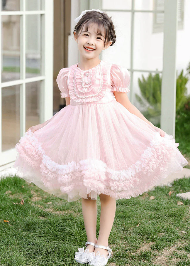 Boutique Pink Puff Sleeve Nail Bead Tulle Baby Girls Mid Dress Summer - Image 4