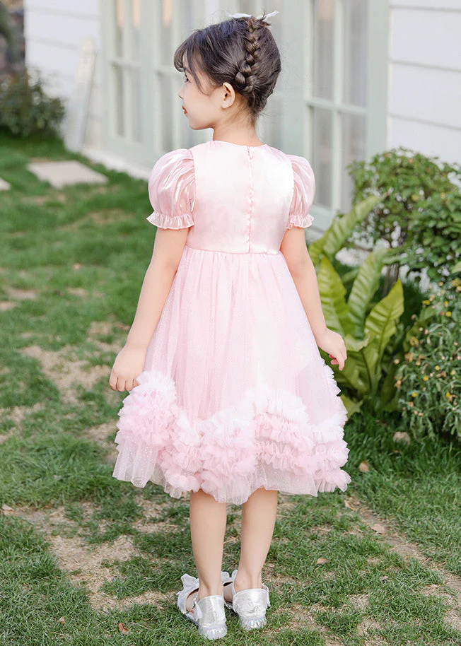 Boutique Pink Puff Sleeve Nail Bead Tulle Baby Girls Mid Dress Summer - Image 5
