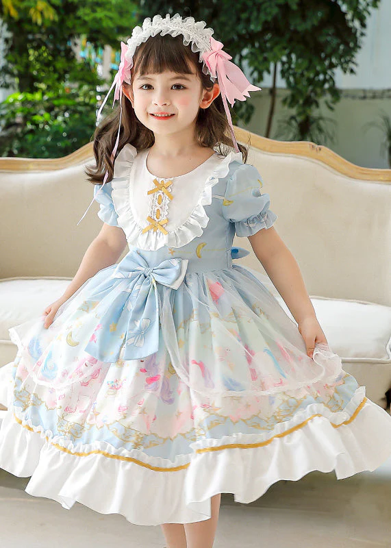 Boutique Pink Puff Sleeve Print Bow Chiffon Kids Girls Maxi Dresses Summer - Image 2