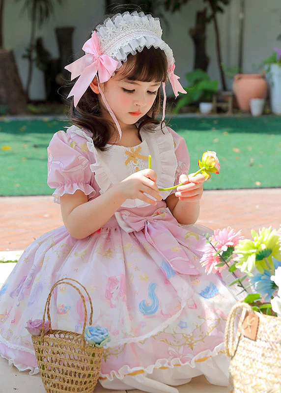 Boutique Pink Puff Sleeve Print Bow Chiffon Kids Girls Maxi Dresses Summer - Image 3