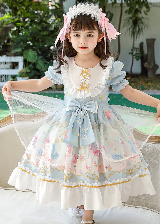 Boutique Pink Puff Sleeve Print Bow Chiffon Kids Girls Maxi Dresses Summer - Image 4