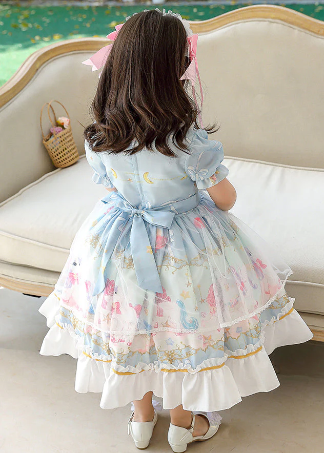 Boutique Pink Puff Sleeve Print Bow Chiffon Kids Girls Maxi Dresses Summer - Image 5