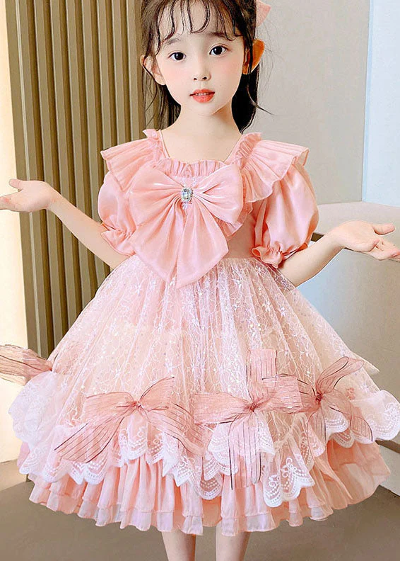 Boutique Pink Ruffled Bow Patchwork Tulle Kids Girls Dress Summer - Image 2