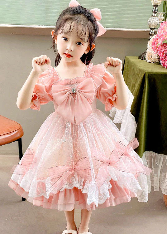 Boutique Pink Ruffled Bow Patchwork Tulle Kids Girls Dress Summer - Image 3