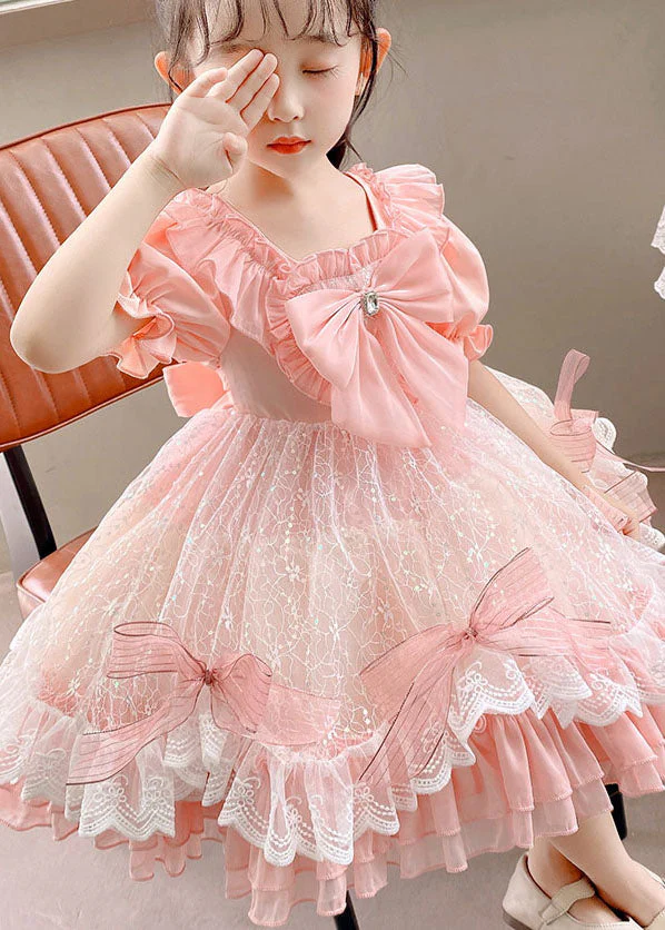 Boutique Pink Ruffled Bow Patchwork Tulle Kids Girls Dress Summer - Image 4
