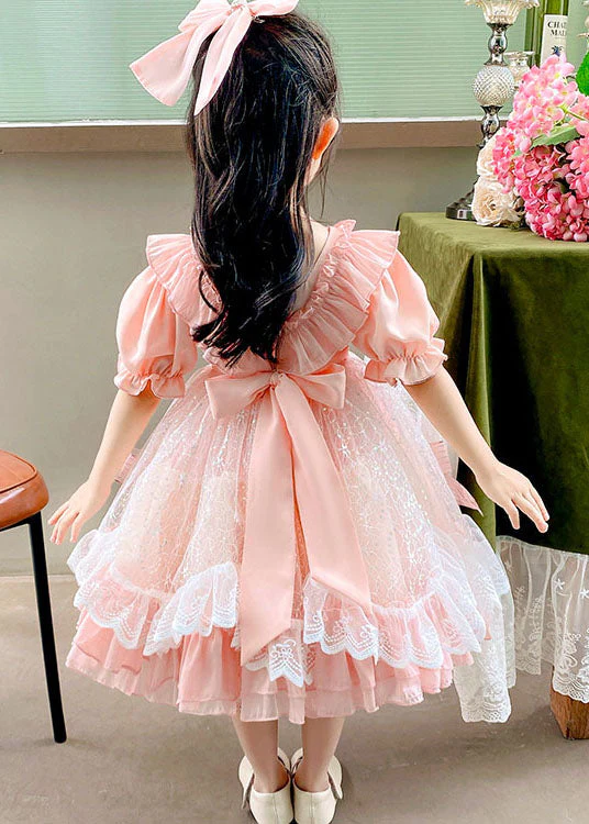 Boutique Pink Ruffled Bow Patchwork Tulle Kids Girls Dress Summer - Image 5