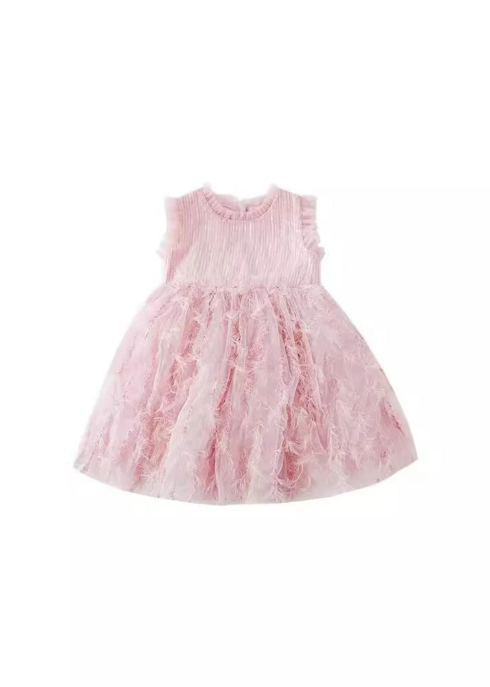 Boutique Pink Ruffled Tulle Patchwork Kids Holiday Feather Mid Dress Sleeveless - Image 5