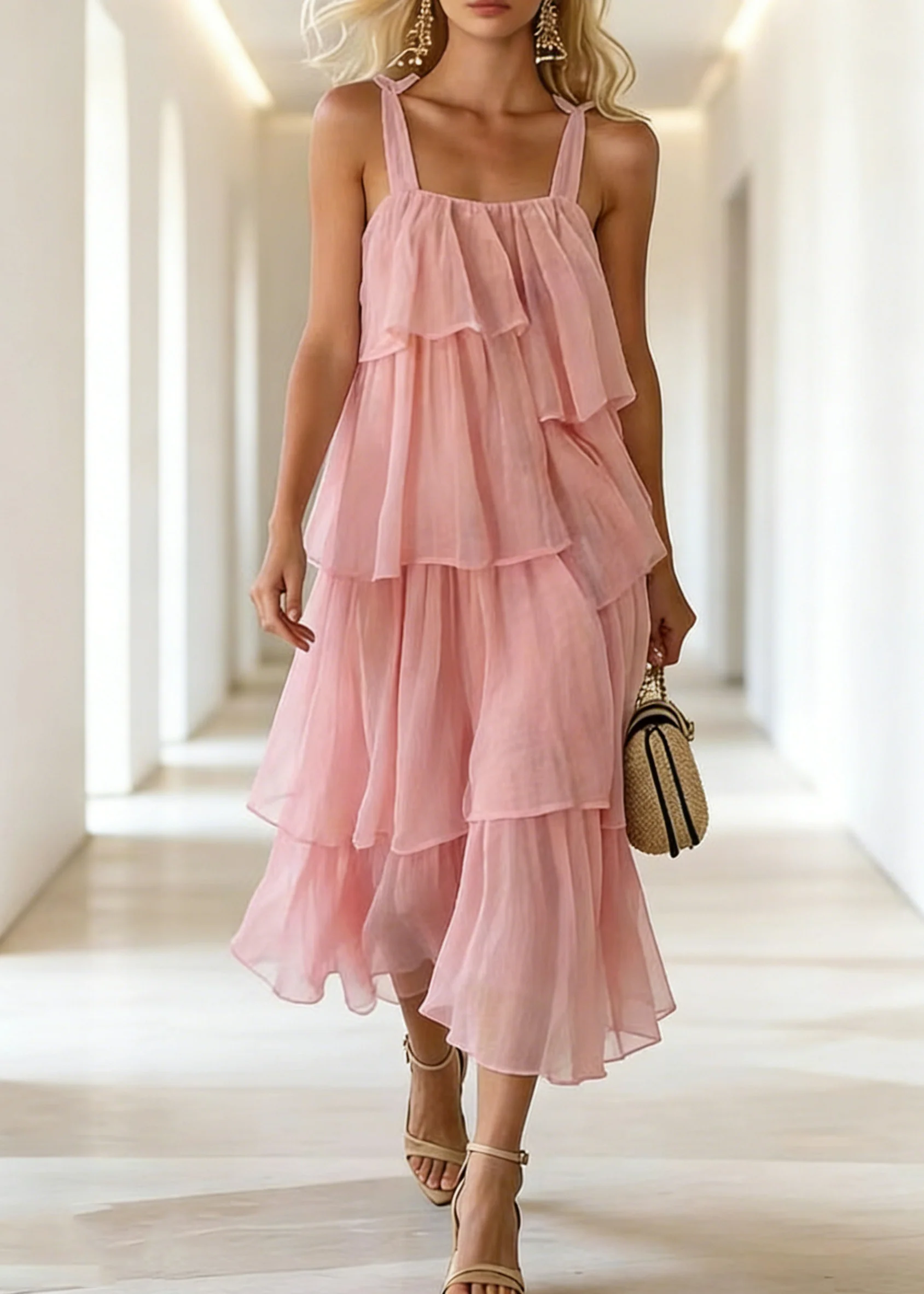 Boutique Pink Ruffles Layered Cotton Cami Dress Summer - Image 3