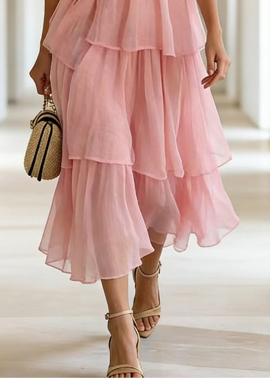 Boutique Pink Ruffles Layered Cotton Cami Dress Summer - Image 4