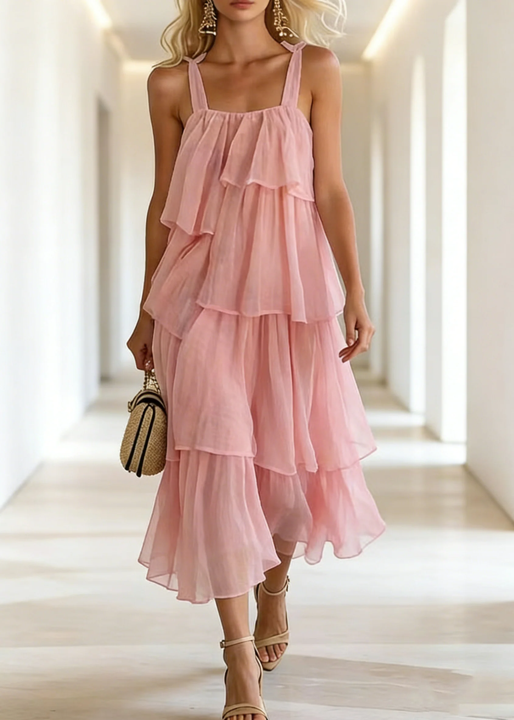 Boutique Pink Ruffles Layered Cotton Cami Dress Summer - Image 5