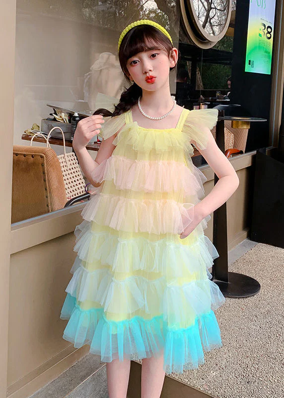 Boutique Pink Square Collar Layered Ruffled Tulle Kids Girls Beach Dresses Summer - Image 2